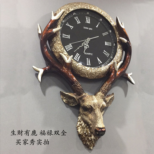 欧式钟表客厅创意复古鹿头挂钟玄关轻奢家用北欧美式静音时钟挂墙 - 图0
