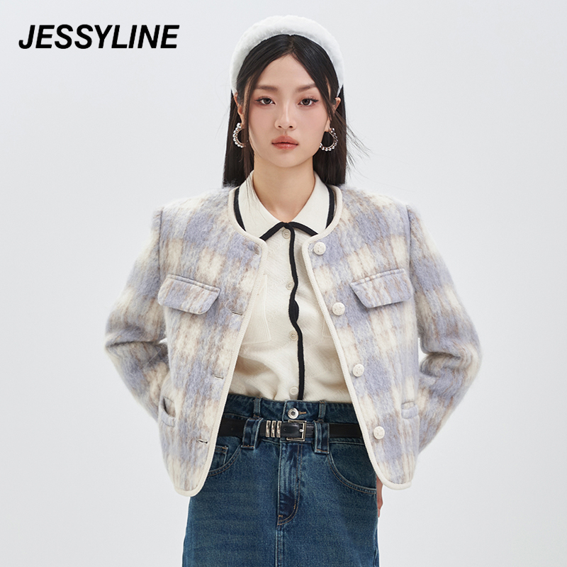 jessyline冬季专柜新款女装 杰茜莱小香风格子毛呢外套 342207071