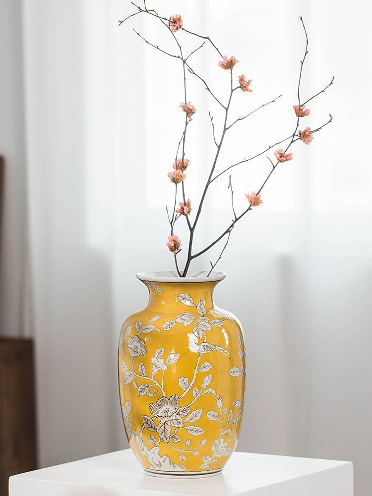 新品黄色仿古手绘青花瓷花瓶摆件中式古香古色客厅水培插花花器