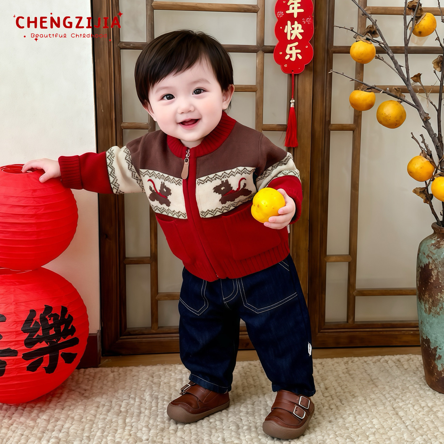 男宝宝冬款针织开衫套装男童新年可爱加厚保暖毛衣婴儿加绒牛仔裤,淘宝优惠券,粉丝福利购,淘宝优惠卷