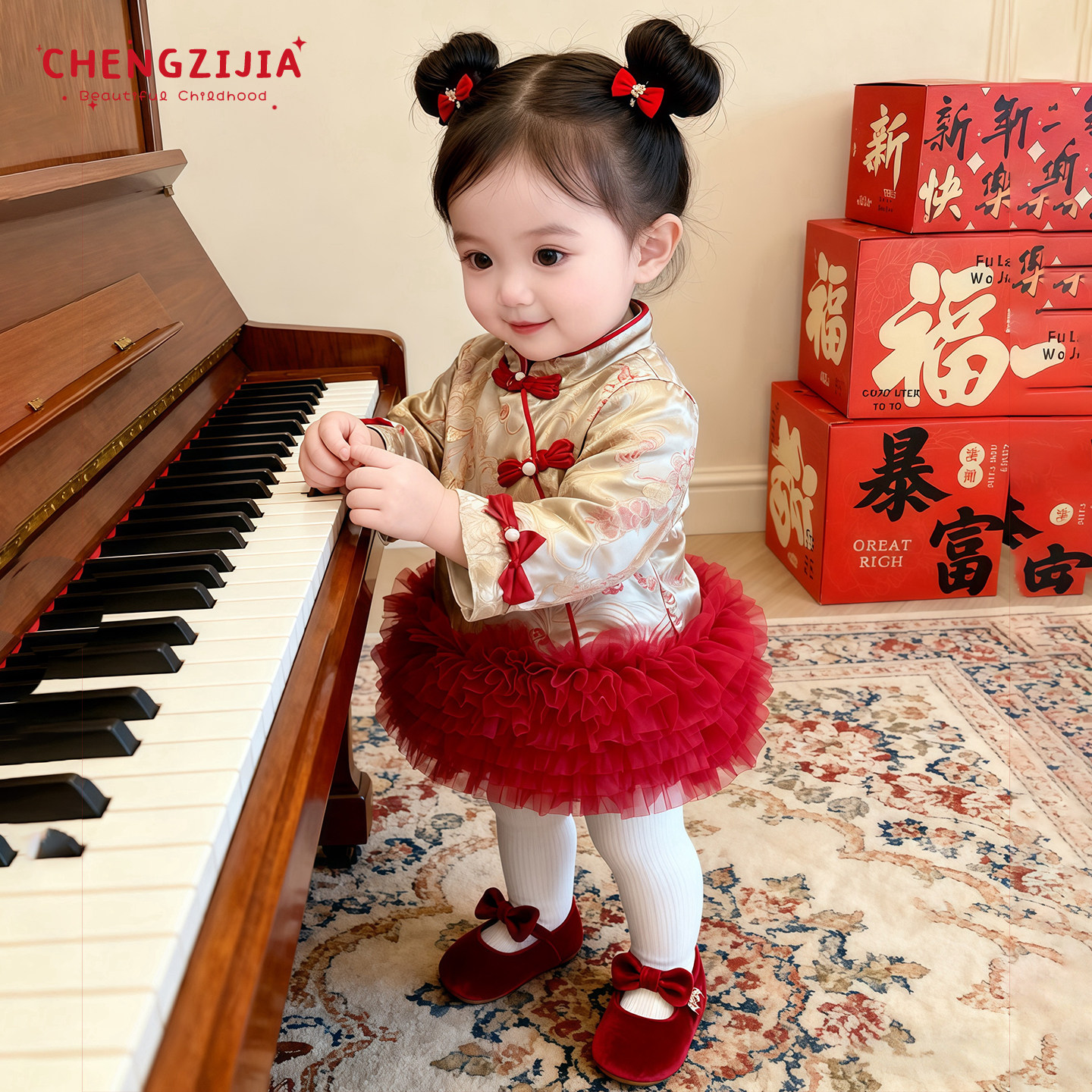 女童冬季拼接网纱加绒加厚连衣裙女宝宝新中式拜年服婴儿新年裙子,淘宝优惠券,粉丝福利购,淘宝优惠卷