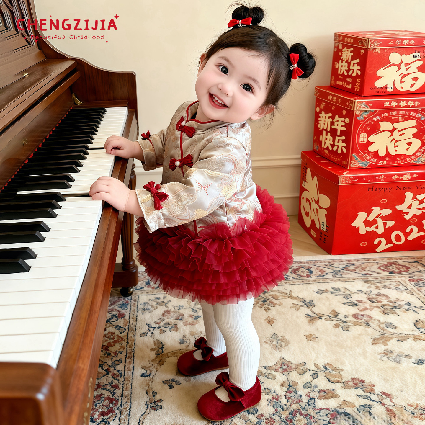 女童冬季拼接网纱加绒加厚连衣裙女宝宝新中式拜年服婴儿新年裙子,淘宝优惠券,粉丝福利购,淘宝优惠卷