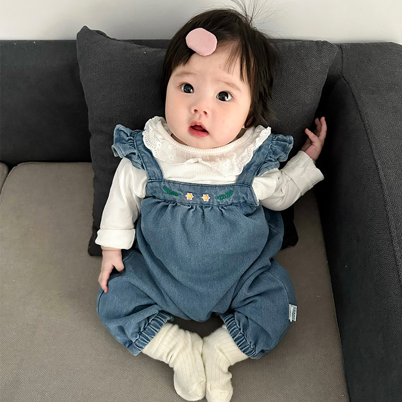 女童春秋包屁连体衣套装韩版婴儿洋气花边领打底衫宝宝外出背带裤,淘宝优惠券,粉丝福利购,淘宝优惠卷