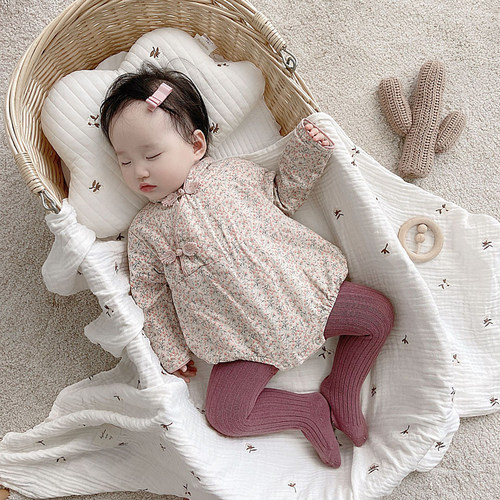 ins春秋韩版婴儿百搭纯色坑条双针打底连裤袜宝宝保暖连裤袜子 - 图1