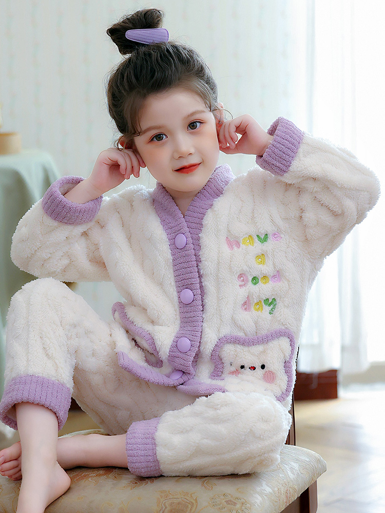 女童珊瑚绒睡衣套装儿童法兰绒洋气公主保暖中大童9岁家居服亲子
