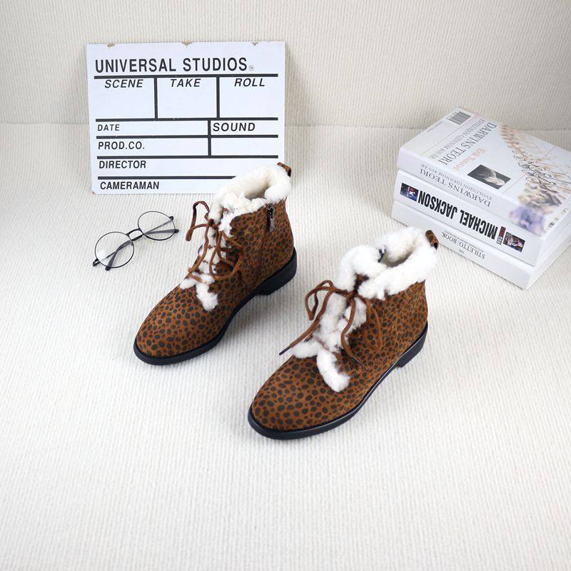 Genuine leather and fur thick heel plus velvet slimming women's Martin boots