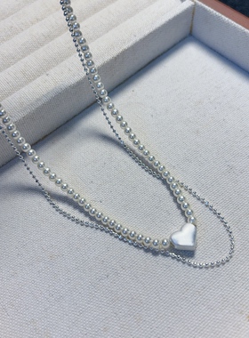 韩版双层珍珠项链女简约百搭拉丝银爱心吊坠锁骨链叠戴链