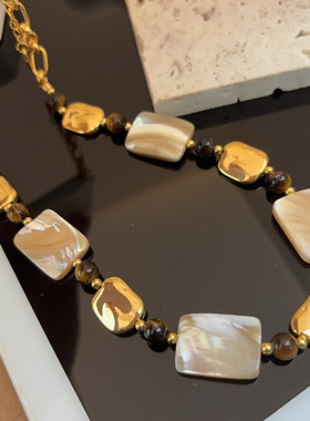 欧美多层巴洛克珍珠项链复古贝母方块珍珠颈链毛衣链短款