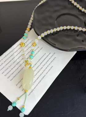 新中式复古天然碧玉项链女镀绿玉石珠链百搭毛衣链