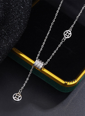 s999足银小蛮腰项链女中国风招财吊坠铜钱颈链流苏锁骨链送礼首选