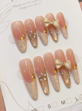 丝绒小姐纯手工螺纹法式蝴蝶结精品穿戴甲纯欲美甲贴片显白假指甲