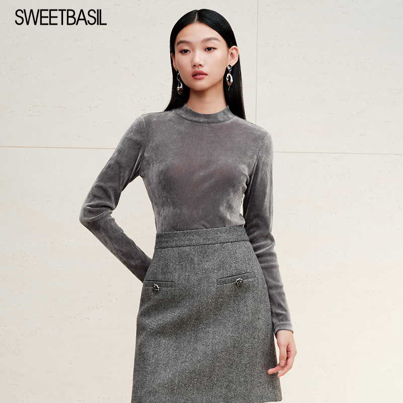 Sweet Basil/紫淑长袖丝绒打底衫女2024秋季新款内搭半高领上衣 - 图2