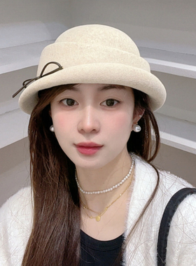 优雅卷边羊毛礼帽女秋冬