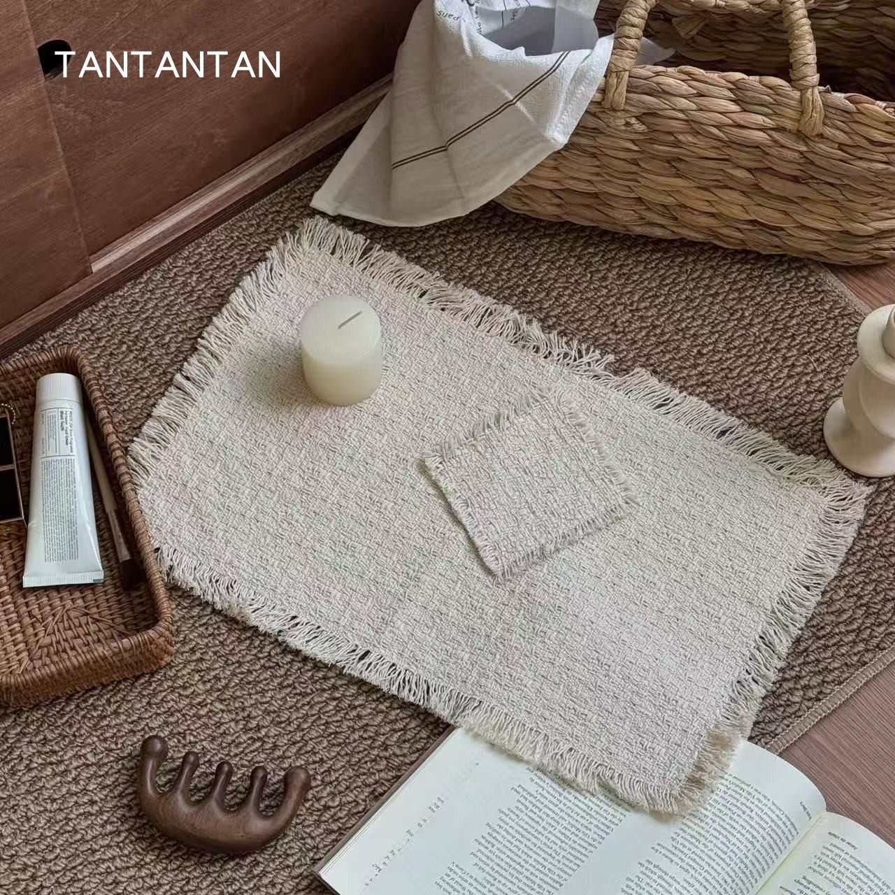 TAN！复古棉麻流苏餐垫杯垫 摄影摆拍道具 韩国ins fever地毯平替,淘宝优惠券,粉丝福利购,淘宝优惠卷