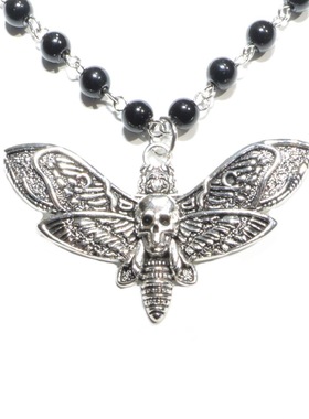 亚马逊eBay热销骷髅飞蛾黑色珍珠项链欧美流行饰品男士嘻哈项链