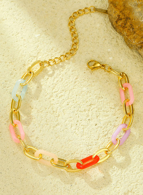 欧美潮流饰品彩色拼接手链女式气质简约不锈钢粗链条现货手饰