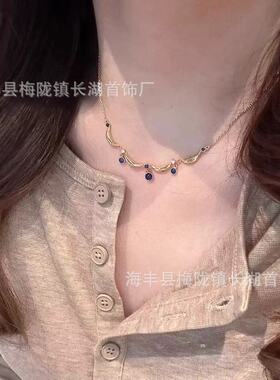 复古蓝色水滴花边项链女宫廷风法式轻奢显白手气质小众设计感