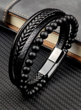 简约朋克风男士不锈钢皮革多层黑色磨砂珠子黑色编织磁铁串珠