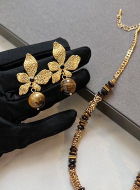 天然虎眼石美拉德风秋冬长款毛衣链女真金电镀感轻奢小众项链