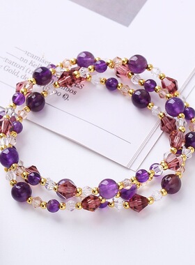 糖果彩色碧玺三圈手链女小众设计感草莓晶紫水晶手工饰品串珠配饰
