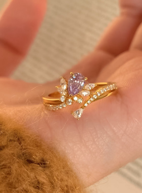 辉之翼珠宝新款925银5*7紫色权杖戒指紫气东来小众仙女甜美心