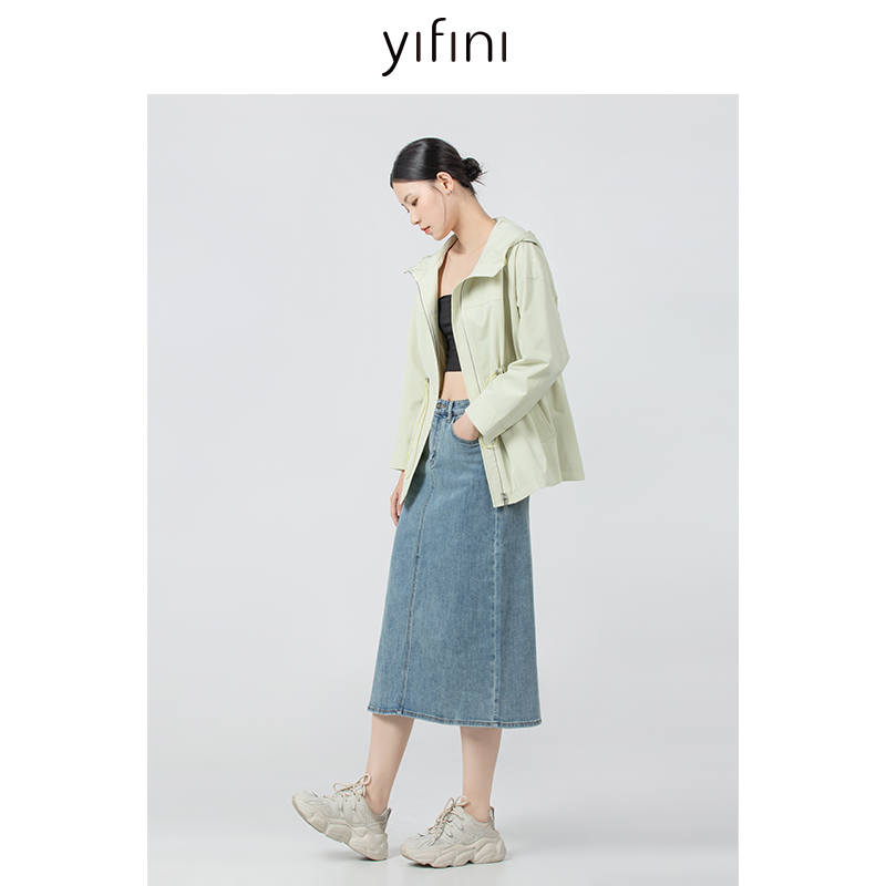 Yifini/易菲宽松连帽抽绳收腰风衣女春秋新款通勤小个子外套