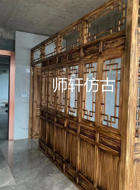 东阳木雕中式装修雕花实木门窗花格做旧玄关隔断屏风仿古隔断定制
