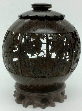 包邮海南特色椰壳雕画九龙储物茶叶罐 实用摆饰品 手工工艺礼品