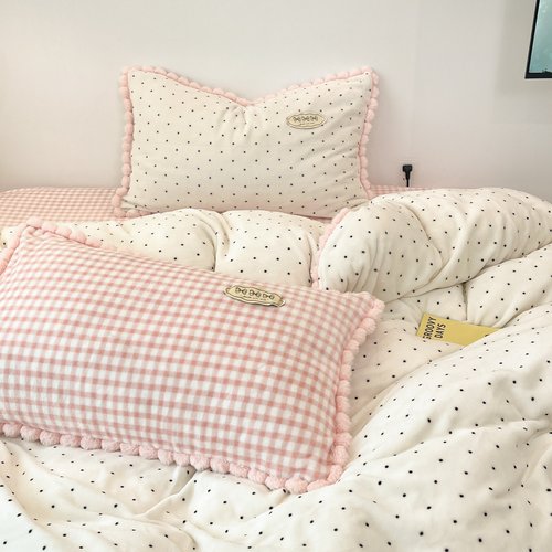 少女心秋冬保暖牛奶绒四件套波点撞色简约珊瑚绒床单被套2.0床品 - 图2
