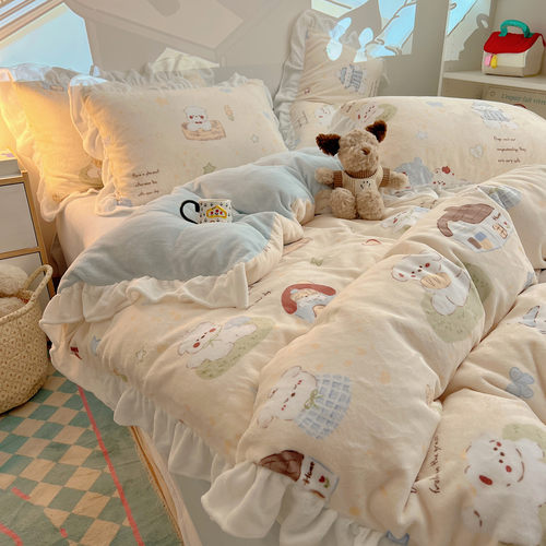 可爱猫咪秋冬加厚牛奶绒四件套卡通ins保暖床单被套荷叶边2.0床品 - 图2