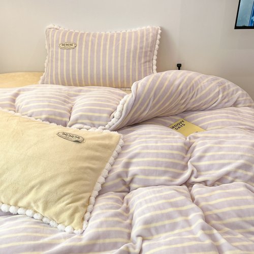 少女心秋冬保暖牛奶绒四件套波点撞色简约珊瑚绒床单被套2.0床品 - 图1