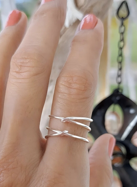 MINIBLOOM 简约双层交错线条纯银戒指开口可调节叠戴个性戒指
