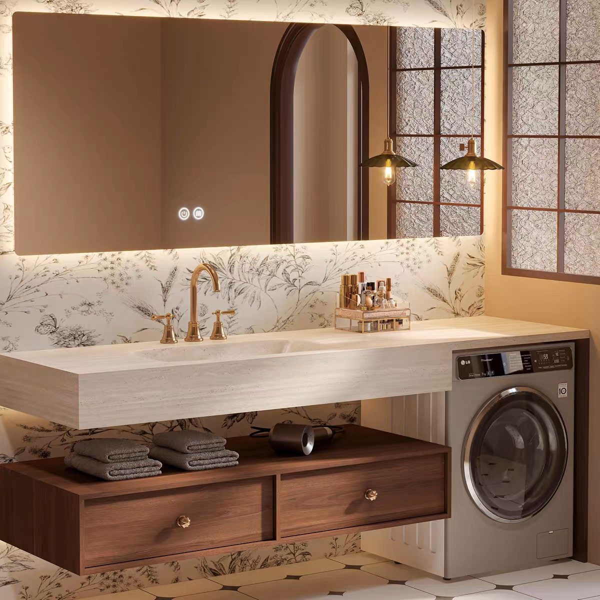 中古风阳台洗衣机柜组合岩板热弯一体盆浴室柜卫生间洗漱台浴室柜,淘宝优惠券,粉丝福利购,淘宝优惠卷