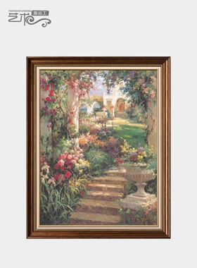 世界名油画欧式花园复古典风景手绘玄关美式高级感客厅装饰挂画