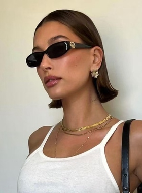 海莉肯豆同款欧美风小脸女生墨镜女椭圆形小框太阳眼镜板材时尚