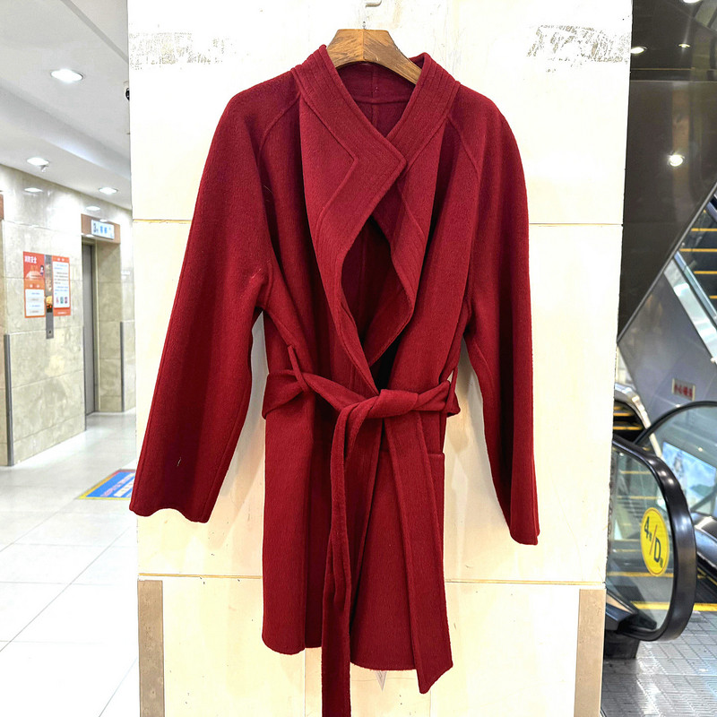 JM-556 时尚翻领系带收腰无扣洋气小个中长双面羊绒呢大衣欧货冬,淘宝优惠券,粉丝福利购,淘宝优惠卷