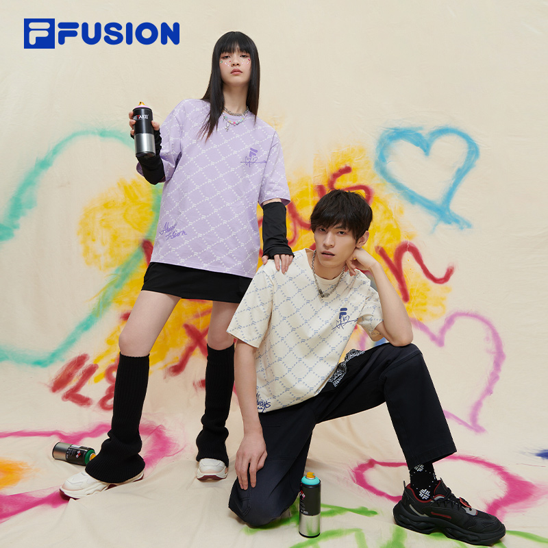 FILA FUSION斐乐潮牌情侣款老花短袖T2024春新纯棉情人节T恤男女