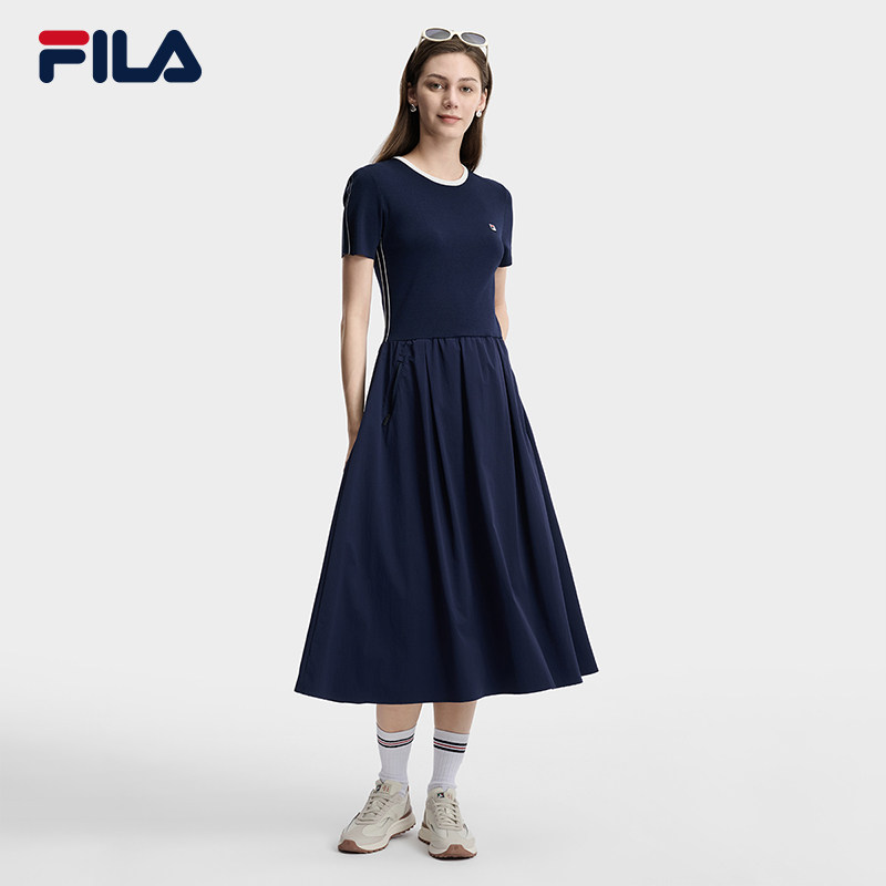 FILA 斐乐官方女子编织连衣裙2026夏季新款简约修身显瘦拼接裙子