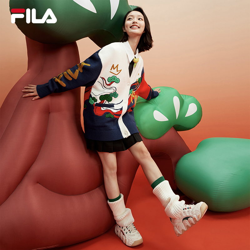 【杨幂同款】FILA 斐乐官方龘龘龙新年款女编织外套2024开衫毛衣