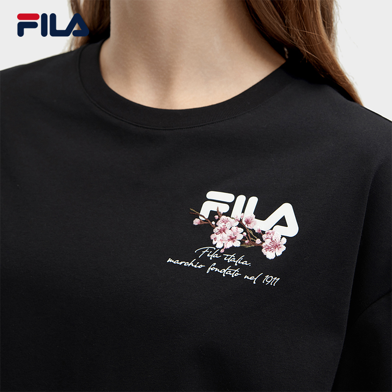 FILA 斐乐女子针织短袖衫2024春新款休闲冰丝抗菌宽松樱花刺绣T恤 - 图2