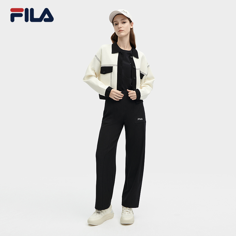 FILA 斐乐官方女士编织外套2024春新款时尚休闲宽松撞色翻领毛衣 - 图2