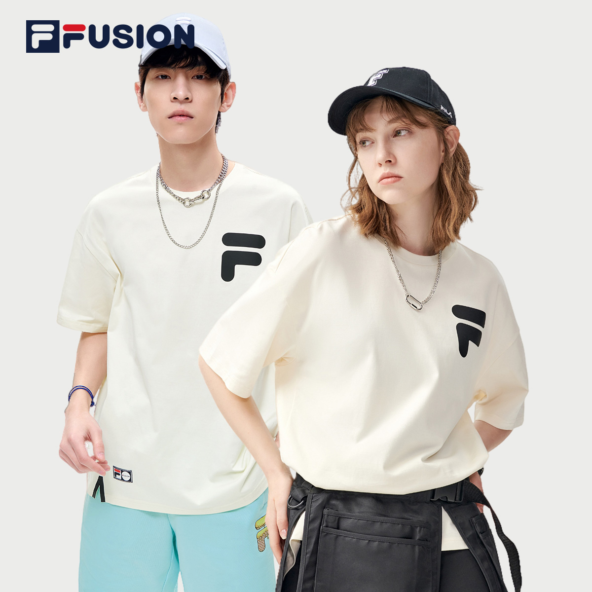 FILA FUSION斐乐潮牌时尚百搭情侣短袖T恤2022夏新款潮上衣男女