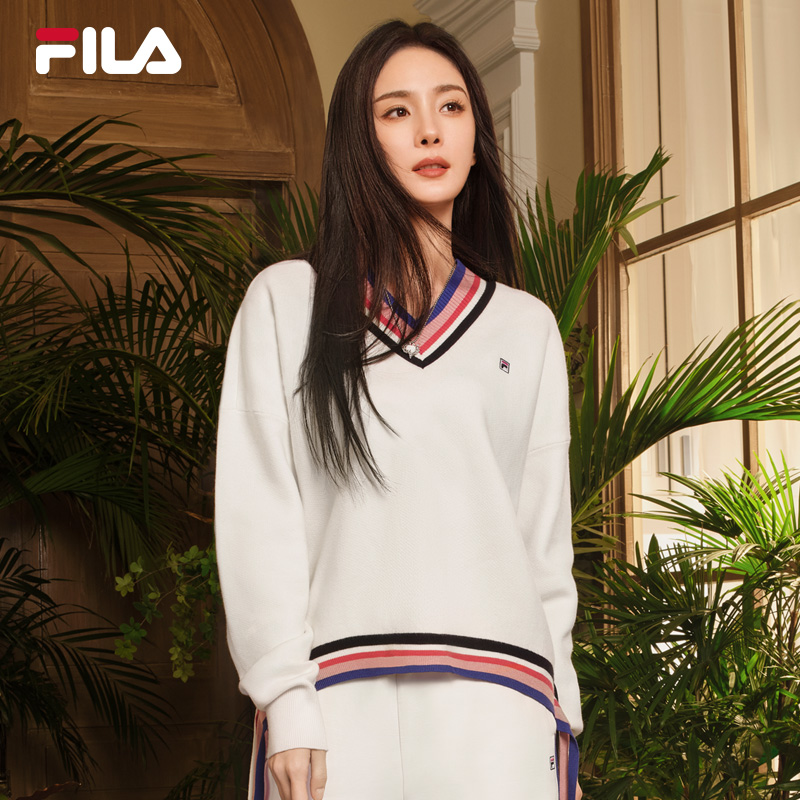 【杨幂同款】FILA 斐乐官方女编织衫2024春新下摆流苏舒适V领毛衣