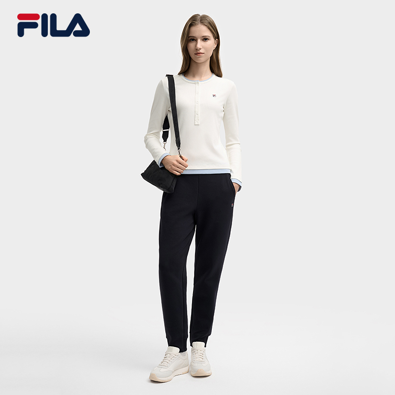FILA 斐乐官方长袖T恤女2025冬新款拼色假两件休闲修身打底亨利衫