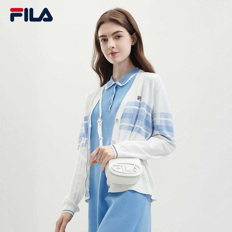 FILA 斐乐官方女士编织外套2024夏季新款时尚休闲蓝格子大V领开衫 - 图1