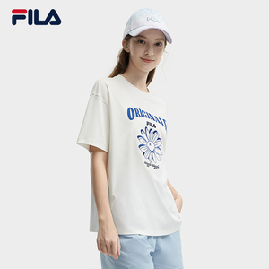 FILA 斐乐官方女子针织短袖衫2024夏新款时尚宽松纯棉猫咪刺绣T恤