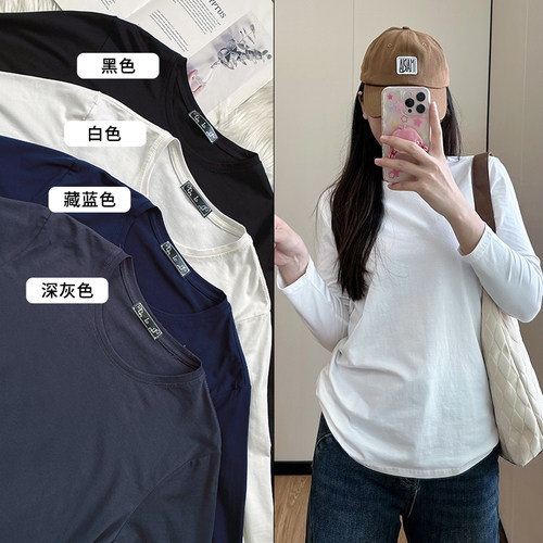 COCO微胖大码女装遮肚子纯色长袖T恤女早秋胖mm200斤显瘦休闲上衣 - 图0