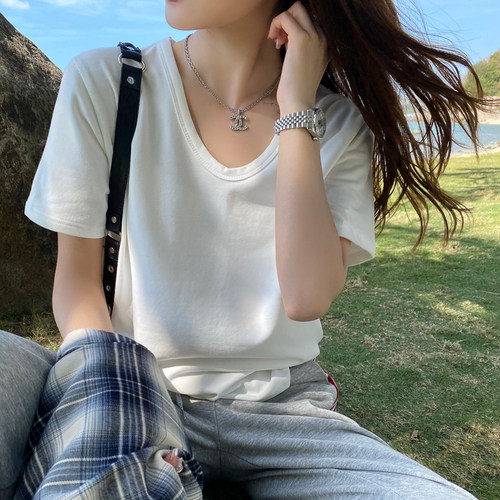 黄色V领宽松短袖T恤女装2026春夏新款薄款绝美大领口正肩白色上衣 - 图2