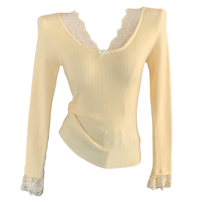 黄色低圆领蕾丝边针织打底衫女内搭2025春秋季新款设计感毛衣上衣,淘宝优惠券,粉丝福利购,淘宝优惠卷