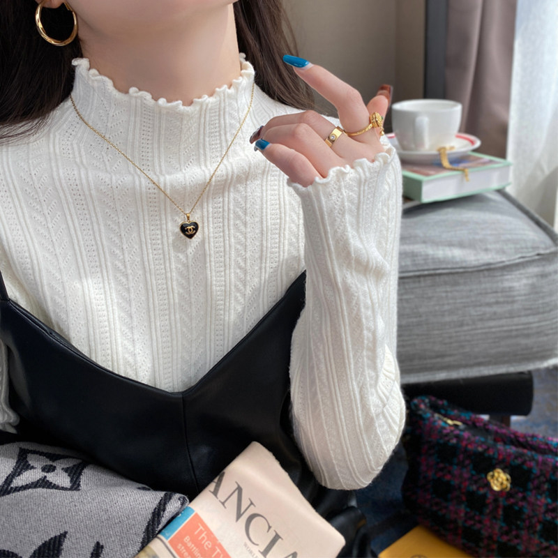 杏色半高领木耳边针织衫女内搭2025秋季设计感绝美打底长袖小上衣,淘宝优惠券,粉丝福利购,淘宝优惠卷